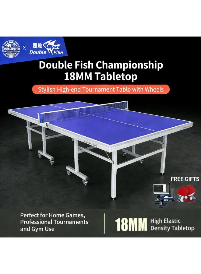 Double Fish GJ2001 Foldable Ping Pong Table, Standard Size Indoor Table Tennis Table with Wheels for Home Training - Image 1